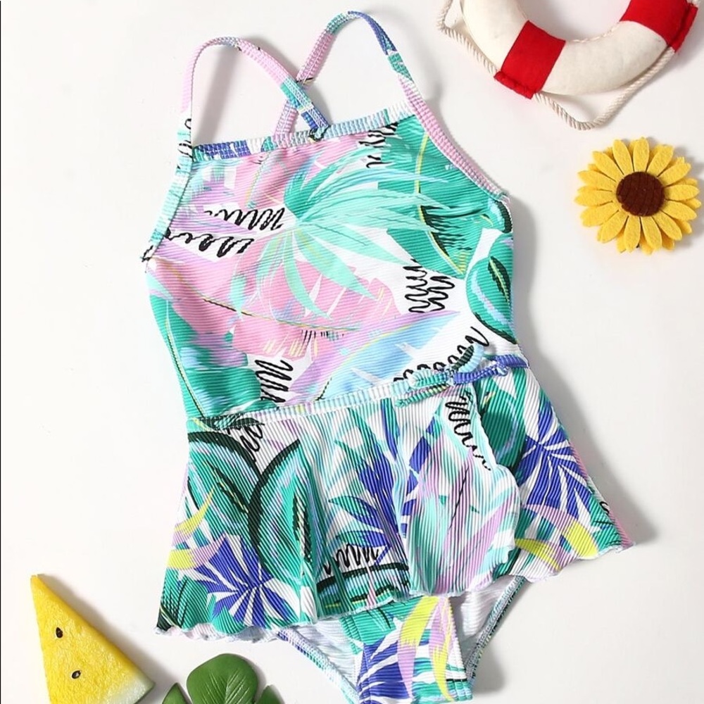 Baby Girl Tropical Rib Ruffle One Piece Swimsuit
